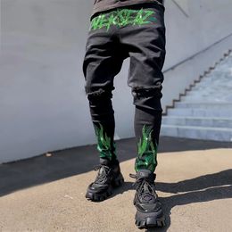 Mens Broken Hole Black Drill Pencil Jeans Slim Men Street Punk Denim Pants Classic Cowboys Skinny Young Man Biker Trousers 240318