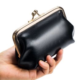 Genuine Leather Clip Coin Wallet Clutch Small Cowhide Money Purse Bag Earphone Organ Clamp Card Holder For Women Lipstick Pouch
