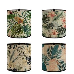 Foldable Bamboo Lamp Shade Green Plants Pattern Chandelier Lamp Lampshade Turtle Leaf Light Cover for Floor Light Table Lamp