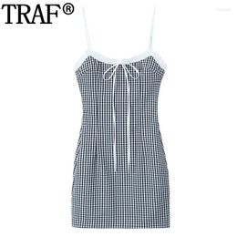 Casual Dresses 2024 Female Mini Dress Sleeveless Slip Plaid Woman Summer Backless Short For Women Bow Bodycon Check