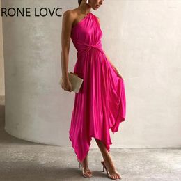 Casual Dresses Women Solid Elegant One Shoulder Asymmetrical Maxi Pleated Sexy Dancing Party