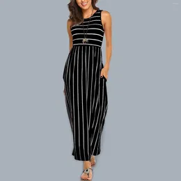 Casual Dresses Fashion Striped Printed Tank Long Dress Summer O-Neck Sleeveless Slim Fit Maxi Ladies A-Line Pockets Women