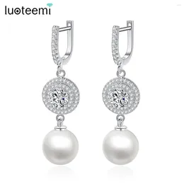 Dangle Earrings LUOTEEMI Elegant Fashion Bling Champagne Gold-Color CZ Imitation Pearl Drop For Women Wedding Bridal Party Jewelry