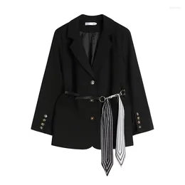 Women's Suits Fashion Women Black Suit Jacket With Waist Belt Spring Autumn Korean Loose Notched Collar Single-breasted Casual Female