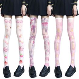 Women Socks Lolita Cartoon Thigh High Stockings Japanese Anime Cute Pig Bear Animal Printed Cosplay Bottoming Over Knee Long