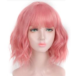 Wigs AOSI Synthetic Short Wavy Pink Purple Black Bob Natural Hair Wig With Bangs Heat Resistant Fibre Cosplay Lolita Wigs For Women