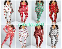 Women Onesies Designer Jumpsuits Button Flip Adult Pyjamas Christmas Tree Printed Long Sleeve Homewear Rompers6042140