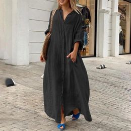Casual Dresses Pure Colour Maxi Dress Elegant Plus Size With V Neck Pockets For Women Soft Breathable Ankle Length Summer Curvy
