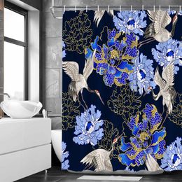 Shower Curtains Cranes Flower Purple Blue Pink Floral Branch Japanese Decor Fabric Black Bath Curtain Bathroom Accessories Sets