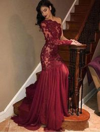 Burgundy Lace Mermai Prom Dresses 2020 New Design Custom Made One Shoulder Long Sleeve Formal Evening Party Gowns Vestidos De Fies2653830