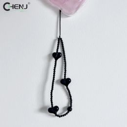 1pcs Black Heart Phone Charm Straps Acrylic Beaded Cell Phone Chains Handy Wristlet String Lanyard Jewellery Accessories