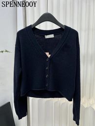 Women's Knits SPENNEOOY Fashion Designer Summer Dark Blue Loose Thin Cardigan Solid Color V-Neck Single Breasted Long Sleeve Sweaters