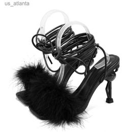 Dress Shoes Fashion Fluffy Feather Sexy Ankle Strap Sandals Women Strange High Heels Square Toe Party Pumps H240403RGNO