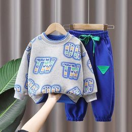 Fall Children Boys Clothes Teenage Girl Letter Packwork Sweater Pullover and Sports Pant Set Kid Sweatshirt Top Buttom Tracksuit 240401