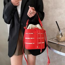 Drawstring PU Hollowed Out Handbags Fashionable Personalized Handheld One Shoulder Crossbody Canvas Bucket Bag