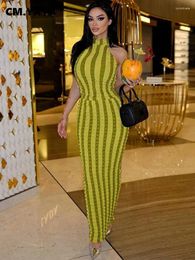 Casual Dresses CM. Women Halter Backless Sleeveless Striped Stretch Maxi Long Bodycon Midi Dress 2024 Summer Club INS Party Evening