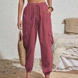 Women's Pants Women Cargo Spring Summer Bottoms Retro Solid Colour Trousers With Multi Pockets High Elastic For Casual