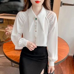 Women's Blouses Fashion Pointed Collar Long Sleeve Chiffon Shirt Blouse 2024 Spring Summer Autumn Beaded Design Chic Top Female