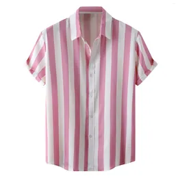 Men's Casual Shirts Mens' Summer Beach Blouseshawaii Striped Print Shirt Short Sleeve Turn Down Collar Button Cardigan Lapel Thin Tops