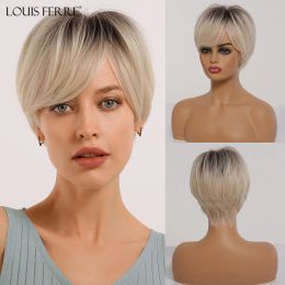 Short Ombre Ash Blonde White Synthetic Wigs With Bangs For Black Woman Pixie Cut Platinum Wig Cosplay High-Temperature Fake Hair