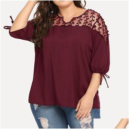 Womens Plus Size T-Shirt Women Plue Blouses Tops Lace Mesh Sheer Chiff Ribbs Lantern Half Sleeve Net Yarn Top Oversizeed Shirts Blusas Dh429