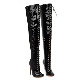 Boots Women's Boots Super High Heel Over Knee Boots Lace Up Slim Fit Lace Up Tall Boots High Heels Ladies Shoes 2022 New Three Colors