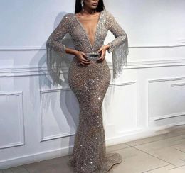 Full Sequins Reflective Mermaid Blue Prom Dresses Beads deep v Neck Long Sleeves Evening Gowns With Tassels Sweep Train Formal Par2219859