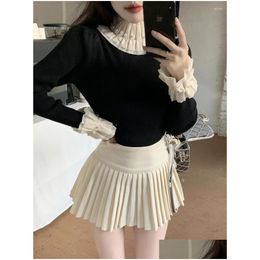 Womens Sweaters Spring 2024 Vintage Turtleneck Ruffled Ruched Sweater Women Pearl Beading Slim Sweet Plover Tops Long Sleeve 312902 Dr Dhpxf
