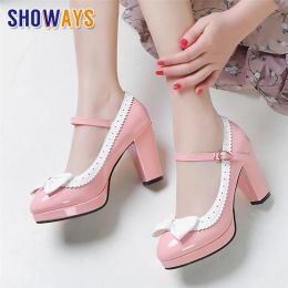 Pumps Big Size Sweet Bowknot Mary Janes 8cm High Block Platform Heels Red Pink Patent Leather Casual Office Lady Round Toe Women Pumps