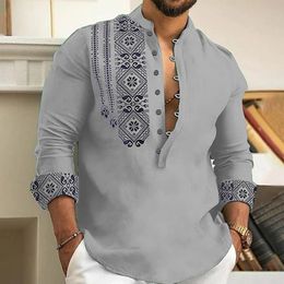 Men Long Sleeve Button-Down Shirt Blouse Loose Henley V-Neck Beach Tops T Shirts 240326