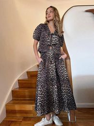 Work Dresses 2024 Fashion Leopard Print Lace Up Short Puff Sleeve Shirt High Waisted A Line Half Skirt Slim Straight Pants Suit For Women