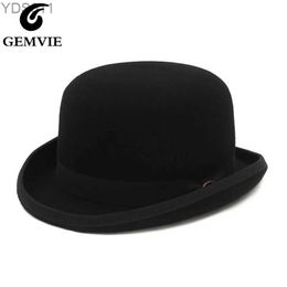 Wide Brim Hats Bucket GEMVIE 100% Wool Felt Derby Mens Bowling Hat Satin Fashion Party Official Fedora Clothing Magic yq240403