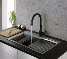 Kitchen Faucets Matte Black Solid Brass Faucet Pull Out Down Sink Mixer Tap 360 Swivel Spout And Cold Water Double Mode