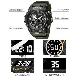 SMAEL Dual Time Display Watch for Men's Electronic Sport Wristwatch Male with Digital Chronograph Auto Date Week Alarm 8055