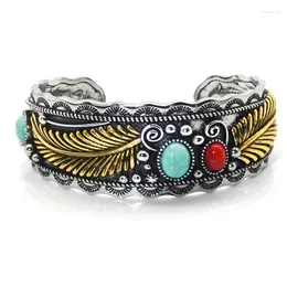 Bangle Ethnic Wind Style Oval Green Natural Stone Bracelet For Men Retro Two-color Leaf Personality Jewellery Accessories