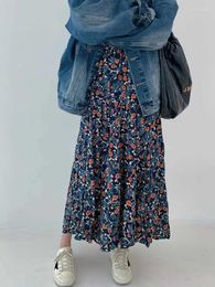 Skirts Vintage Blue Flower Print Skirt For Women Summer High Waist A-line Lazy All-match Mid-length Loose Faldas Mujer