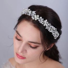 Trendy Silver Rhinestone Pearl Crystal Headband for Bridal Crown Vintage Beads Wedding Hair Accessories Women Party Headpiece