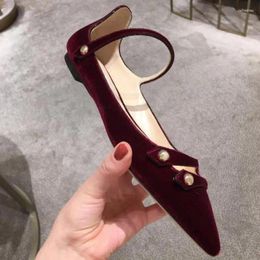 Casual Shoes 2024 Summer Woman Style Velvet Rivets Wine Red Flats Pointed Toe Shallow Single Shoe Mary Janes Sandals