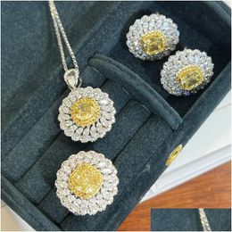 Tennis, Graduated Flower Topaz Diamond Jewelry Set Necklaces 925 Sterling Sier Engagement Wedding Rings Earrings Necklace For Women Br Dhg3N