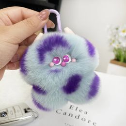 Kawaii Genuine Rabbit Fur Big Eyes Monster Plush Pet Lovers DIY Keychain Pendant Couples Keyring Charms Car Keychain X372 240401