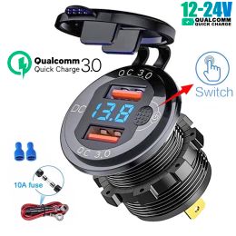 PD Type C/QC 3.0 USB Charger with Switch Socket Power Outlet Adapter Waterproof For 12V 24V Car Truck Boat RV Motorcycle