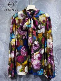 Women's Blouses SEQINYY Elegant Blouse 30% Silk Vintage Flower Print Lace-Up Summer Spring Fashion Design Women Runway High Quality Sicily