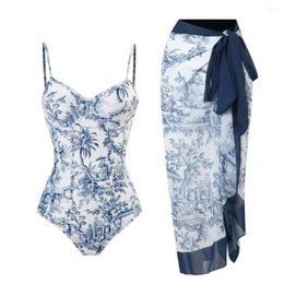 Women's Swimwear Monokini Skirt Set Women Floral Printed Bikini With Ruffle Detail Lace-up Cover Up Sexy For Summer