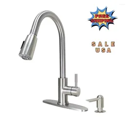 Kitchen Faucets Elmont Pull Down Sink Faucet With Soap Dispenser Satin Nickel Durable Easy Instal 360 Degree Swivel Adjustable Stream