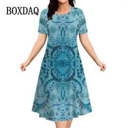 Casual Dresses Ethnic Style Flower Print Women's Dress For Summer Vintage Pullover Short Sleeve Ladies 2024 Fashion Plus Size