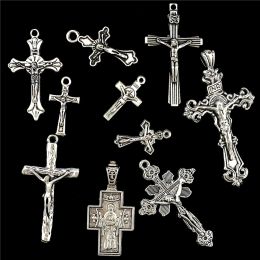 10pcs/lot Mix Christian Cross Charm Antique Silver Color Alloy Pendants Accessories diy Jewelry Making Necklace cruz colgante