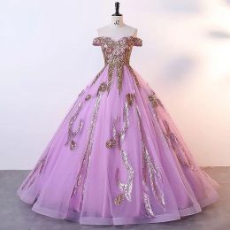 Dresses Plus Size Lastest Aso Ebi Prom Dresses 2024 Long Tulle Lace Sleeves ball gown gold sequined Beaded African Nigeria Glitter tulle E