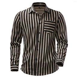 Men's Casual Shirts Striped Basic Long Sleeve Single Patch Pocket Business Office Shirt Daily Work Blouse