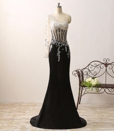 Emerald Black Chiffon Evening Dress 2018 One Shoulder Sequins Beaded Mermaid Women Custom Sexy Formal Pageant Gowns For Prom Party2799316