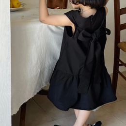 Summer Cute Girls Dress Black Bow Sleeveless Sundress Kids Girl Clothes Suspender Princess Solid Cotton Casual 240403